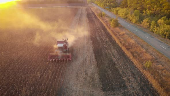 Aerial View Combine Is Working in the Field