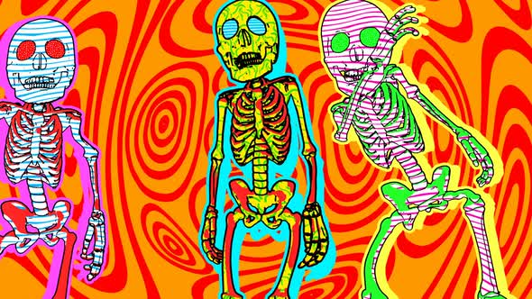 Fluorescent dancing skulls comic stop motion