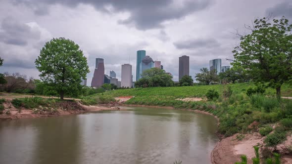 Time lapse of cloudy sky over downtown Houston. This view was taking from the Buffalo Bayou. This vi