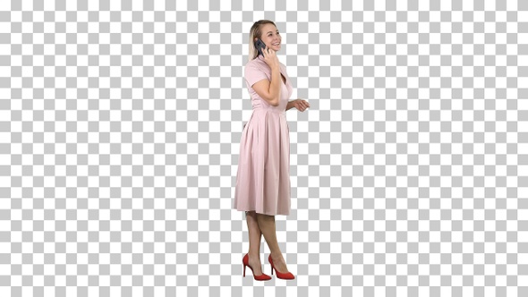 Pretty girl in pink dress on the phone, Alpha Channel