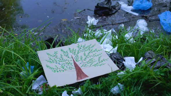 Person Putting Tree Painting on Landfill Near Forest Lake, Save Nature Concept