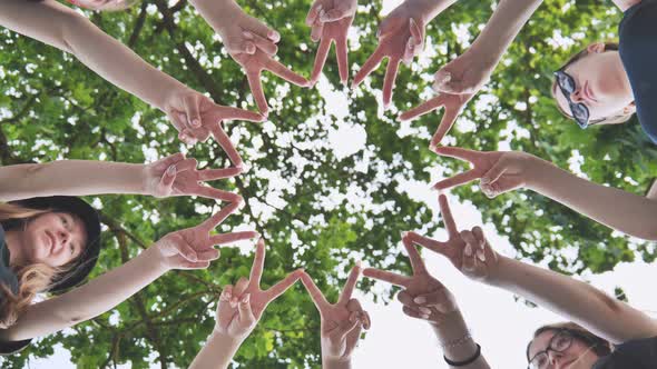 Girlfriends Join Fingers in a Circle Against the Background of Tree Branches