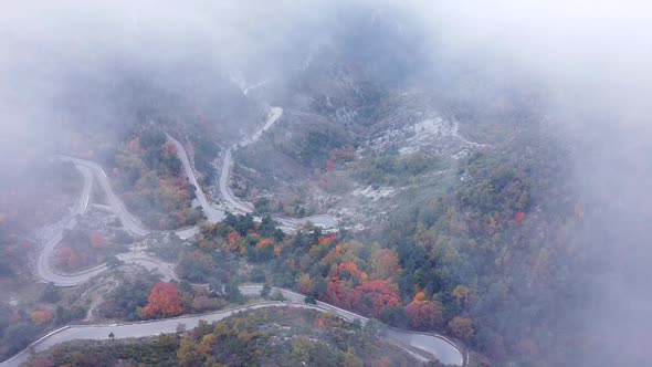 Aerial view of mountains and colorful trees