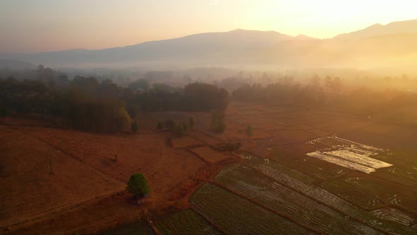 Aerial view from a drone over misty landscape on farmland. 4K