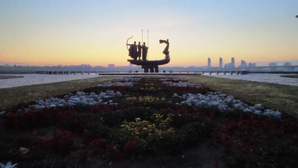 Kyiv, Ukraine - a Monument To the Founders of the City in the Morning at Dawn. Aerial