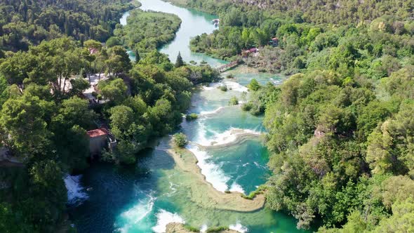 Drone Aerial Video Footage Flying Over Krka National Park Waterfalls, Croatia