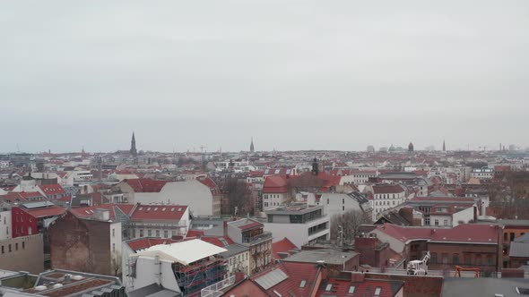 AERIAL: Slow Flight Over Empty Berlin Neighbourhood with Rooftops During Coronavirus COVID 19 on