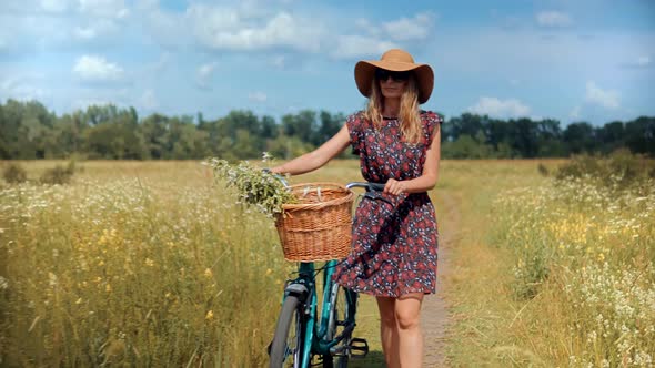 Girl Relax Holidays Morning Vacation. Happy Woman Walking Summer Field. Peaceful Wild Grass.