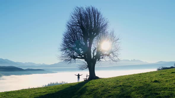 Young Female Hiker Standing on Top of Mountain Landscape Scenery Raising Arms Looking at Panorama alt