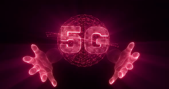 hand on 5G Global network world map digital artificial intelligence Ai technology Data cloud red