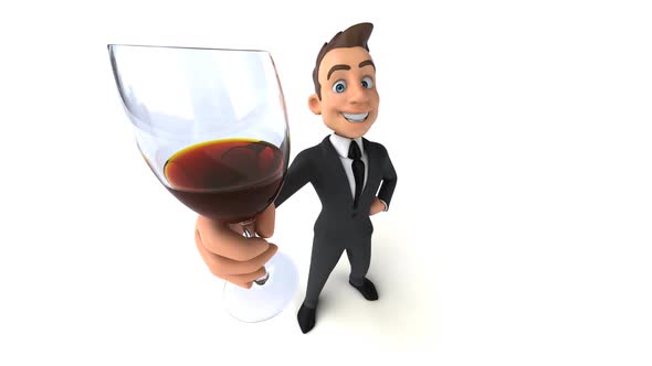 Fun 3D cartoon business man with a glass of wine