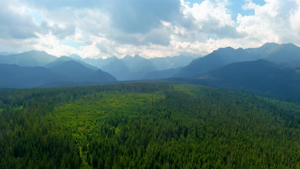 Aerial view of the cloudy Tatras mountain range near the town of Zakopane