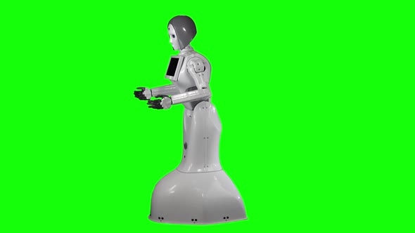 Robot Talks and Shows Hands. Green Screen . Side View