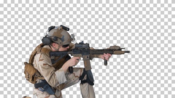 Paratrooper in uniform shooting from sitting, Alpha Channel