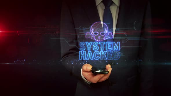 System hacked alert with skull symbol on businessman hand