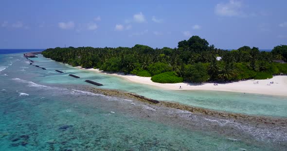 Daytime above copy space shot of a sunshine white sandy paradise beach and aqua blue water background