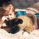 Cheerful girl laying on bed near her pet - VideoHive Item for Sale