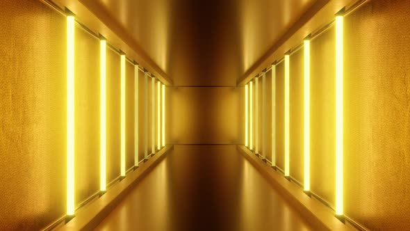 Beautiful Golden Tunnel Hall of Neon Lights Shiny Reflections Glowing
