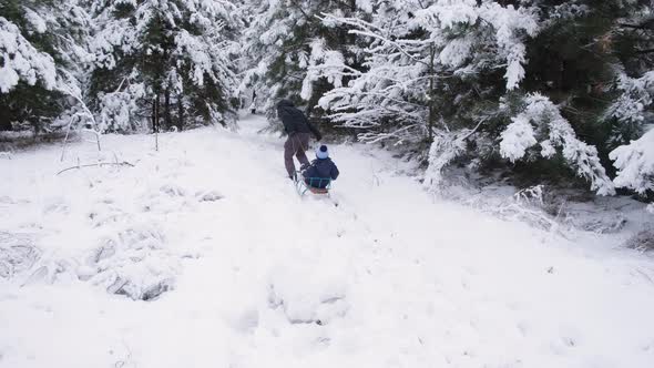 Dad Sledding His Son at a Ski Resort in a Snowcovered Winter Forest