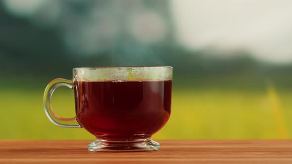 Red Fruit Tea in Glass Cup on a Wooden Table