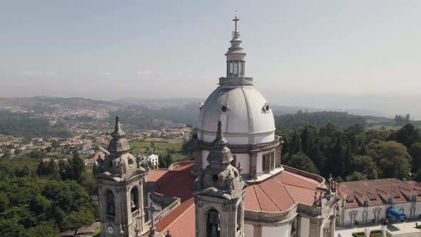 White dome and cathedral towers, Sameiro Sanctuary, Braga, Portugal. Aerial view