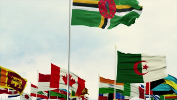Dominica Flag With World Globe Flags Morning Shot
