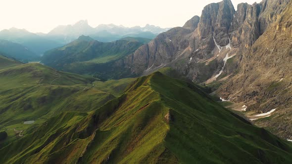 Aerial video of the sunrise in the Dolomites mountains