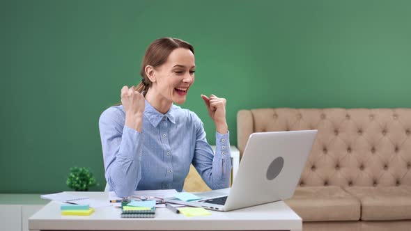 Excited Blonde Business Girl Celebrating Online Win Success Use Laptop