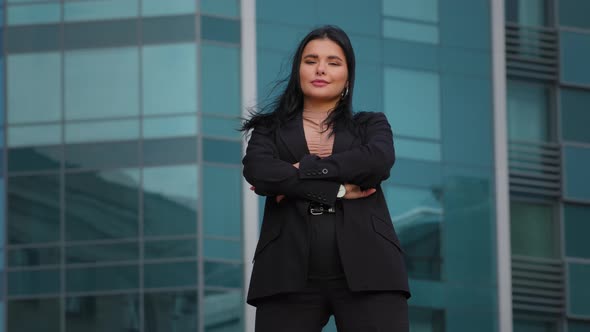 Young Hispanic Businesswoman Employee Company Standing Confidently Arms Crossed Outdoors on