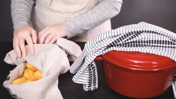 Time lapse. Step by step. Serving turkey chili from enameled cast iron covered dutch oven.