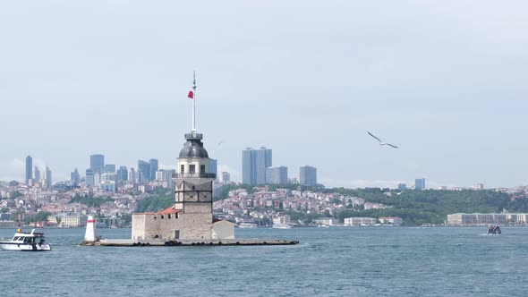 Maiden's Towers and Skyscrapers at Istanbul from a ferry on the move