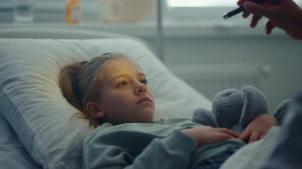 Sad Girl Lying Hospital Bed Hug Toy Portrait