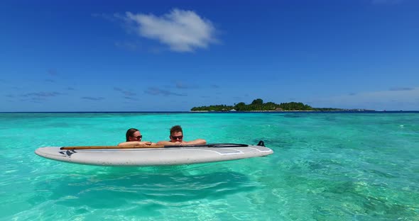 Beautiful couple after marriage in love spend quality time on beach on white sand background 4K