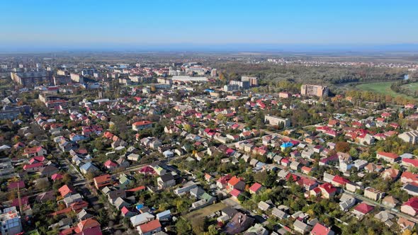 Aerial View Over Old Town in Uzhhorod of Historic City Aerial View Transcarpathia Ukraine