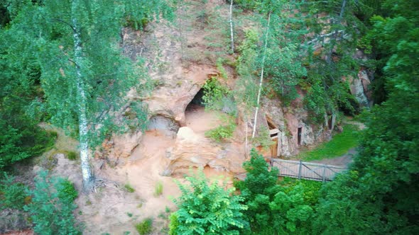 Rock Lustuzis Sandstone Caves in Ligatne, Latvia. Aerial Dron Shot