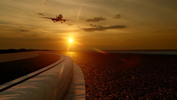 Passenger Plane Landing at Sunset