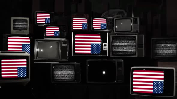 American Flag upside down and Retro TVs. Black and White Tone.