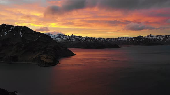 Aerial view of Dutch Harbour at sunset, Unalaska, Alaska, United States.