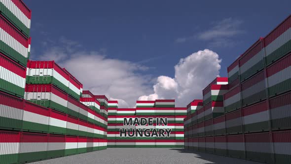 Many Cargo Containers with MADE IN HUNGARY Text and Flags