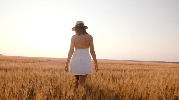 Happy Free Young Woman Walking Away in Slow Motion Across Field Touching Ears of Wheat with Her Hand