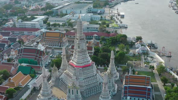 Aerial View of Wat Arun Temple in Bangkok Thailand During Lockdown Covid Quarantine