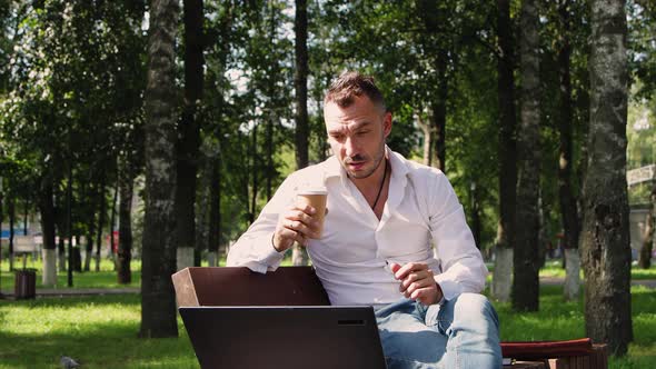 Handsome Man  White Collar Talking Online and Gesturing with His Hands