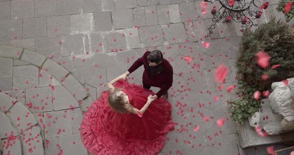 Girl And Guy Stand In Festive Attire And Rose Petals Fly From Above