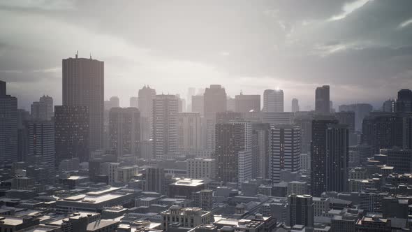 Skyline Aerial View at Sunset with Skyscrapers alt