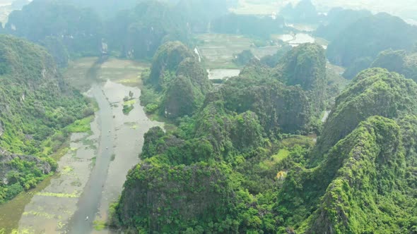 Aerial View of Ninh Binh Region, Trang an Tam Coc Tourist Attraction in Vietnam