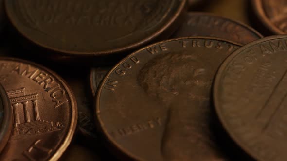 Rotating stock footage shot of American pennies (coin - $0.01) - MONEY 0185