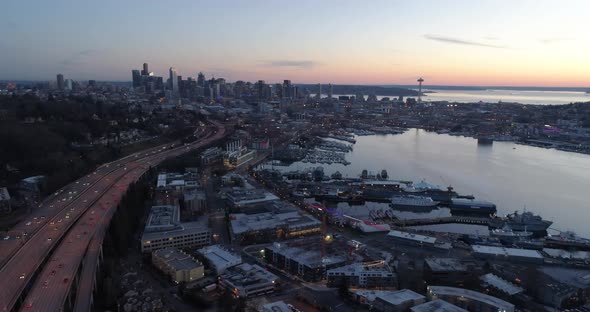 Seattle Amazing Panoramic Aerial View Of Downtown Lake Mountain Buildings Skyline Sunset