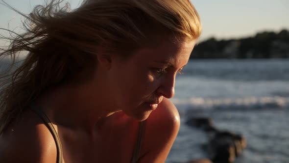Enjoying in sunset on French coast  slow motion 1920X1080 HD footage - Blonde Caucasian woman on the
