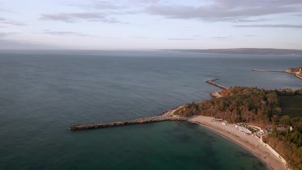 Aerial video with panoramic morning view of beautiful coastline