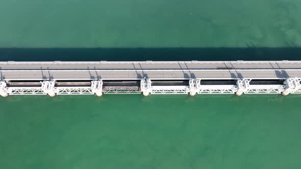 Overhead Top Down View of Oosterschelde Barrier Closable Storm Surge Barrier and Road